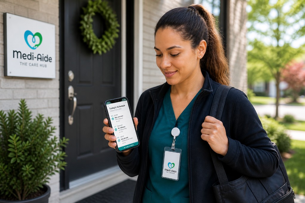Caregiver with mobile schedule preparing for a home visit outside a Medi-Aide affiliated home