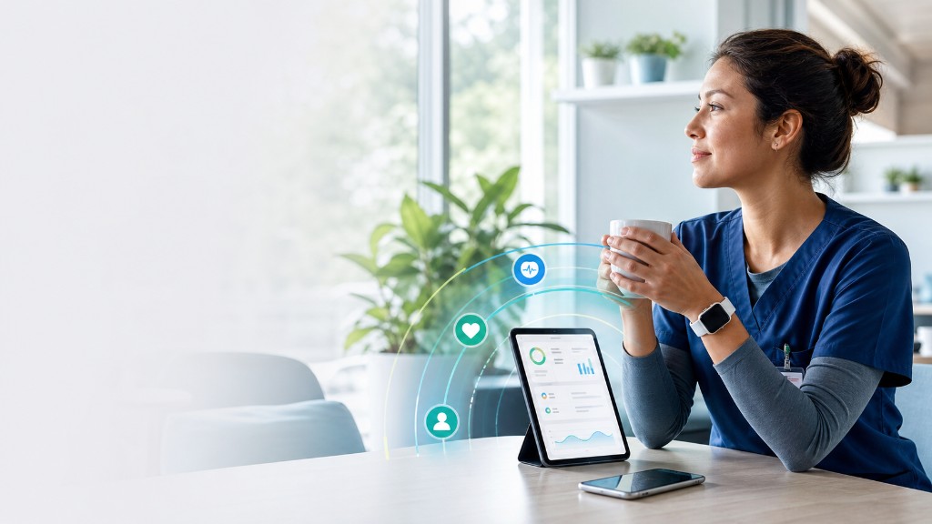 Caregiver pausing for a moment of reflection while WellArc™ surfaces wellbeing signals on a tablet